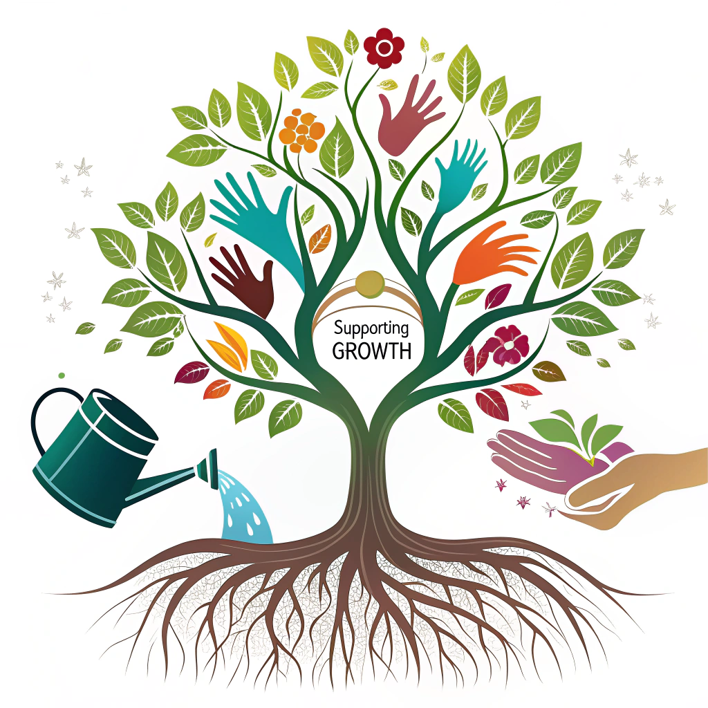 Design illustrating a vibrant, growing plant or flower (symbolizing teacher's growth and passion) being watered by a can or nurtured by abstract hands (indicating support), with strong roots visually prominent. The tagline could be part of the soil, on the watering can, or flow around the plant.
