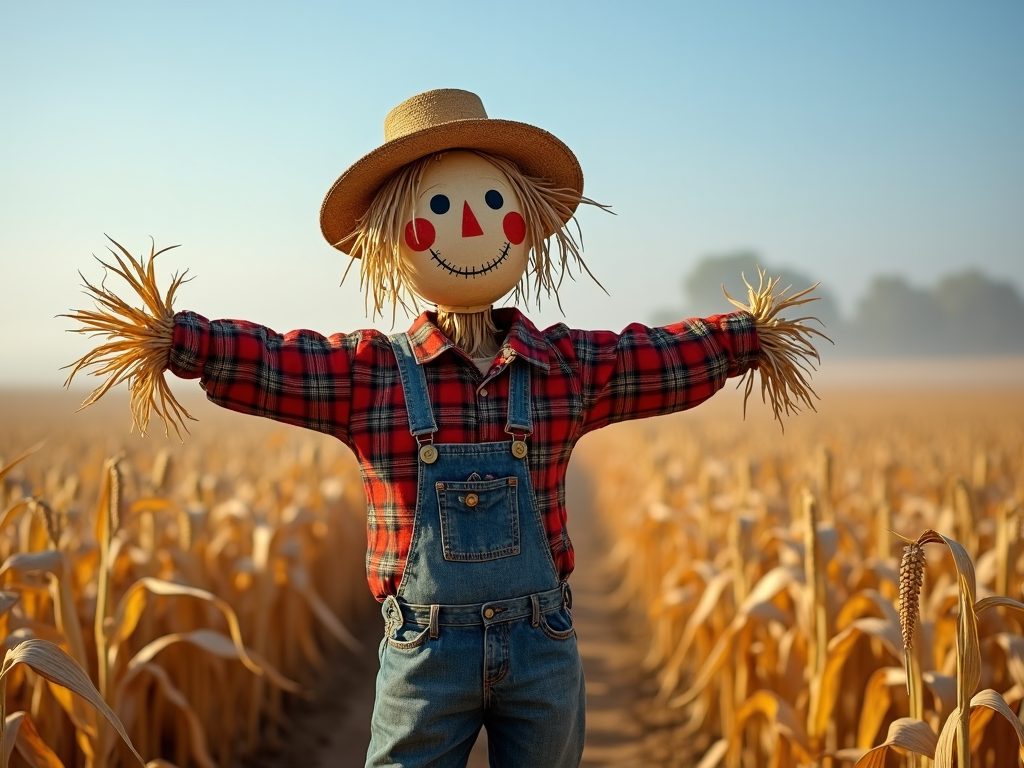 A scarecrow in a cornfield, under a blue sky with a hint of morning mist, stands as a guardian of autumn's harvest.