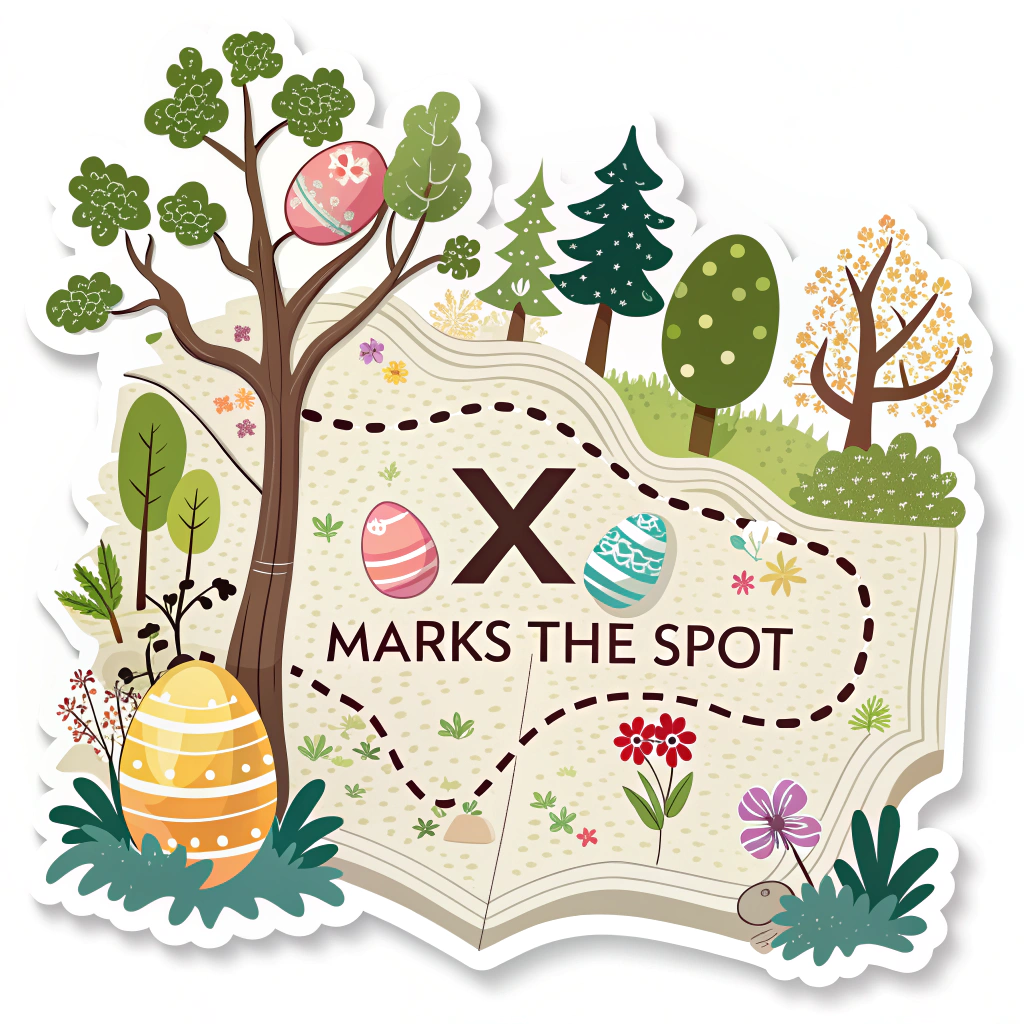 Create a sticker showing a map with 'X marks the spot' indicating where Easter eggs are hidden, suitable for promoting an Easter Monday treasure hunt.