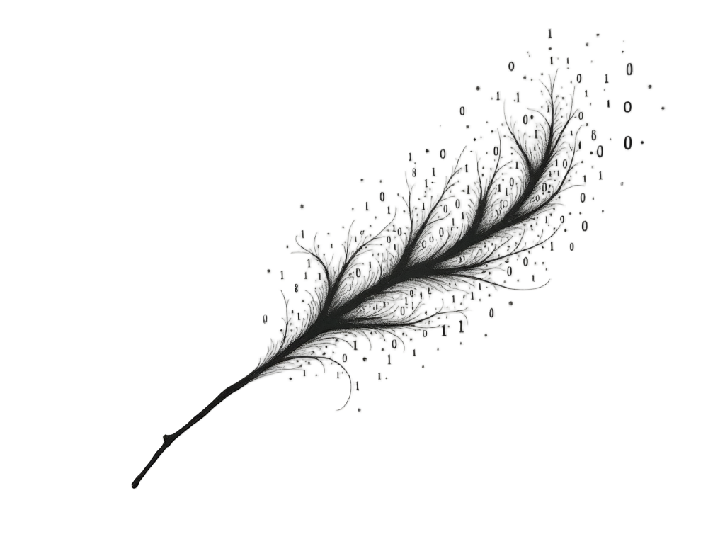 A stylized silhouette of an organic form (e.g., a plant tendril, a single-celled organism, or an abstract lifeform) where the entire structure is composed of flowing binary code (0s and 1s), creating a sense of digital emergence.