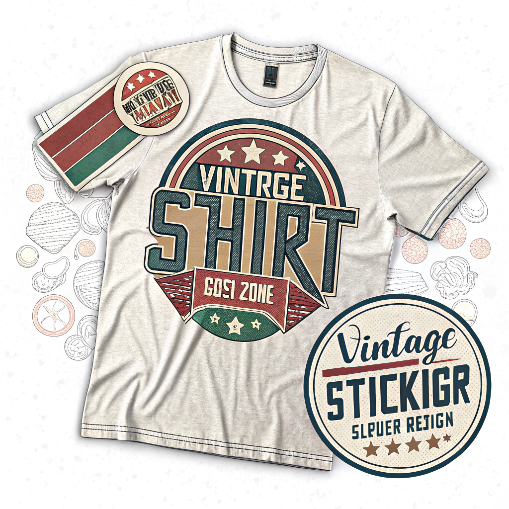 The image is of a beige t-shirt with a vintage sticker design on the front. The design features a circular logo with the words Vintage Shirt in the center, surrounded by a red and green striped border. Above the logo, there is a banner with the text Gosz Zone in white letters. The background of the design is white with small illustrations of seashells scattered around. On the right side of the image, there are two circular stickers with the same text. The text on the stickers reads VINTAGE STICKIGR SLIPPER REIGN.