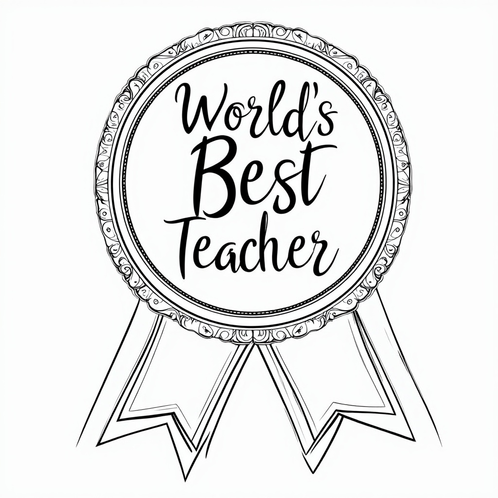 A vintage-style award ribbon design, with elegant fonts for 'World's Best Teacher' and ornate edges on the ribbon. The coloring spaces could be intricate, appealing to older children or those who enjoy detail.