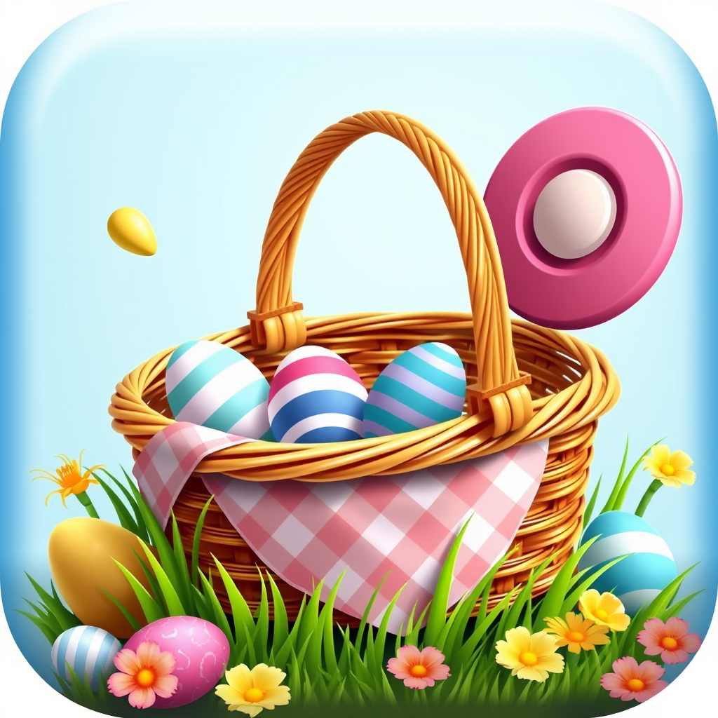 An icon of a picnic basket with Easter eggs and outdoor game elements like a frisbee.