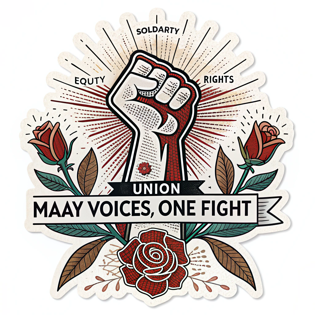 Sub Design Idea 4: 'Unity Starburst' - A central May Day symbol (e.g., May 1st, a stylized flower, or a fist) with rays emanating outwards, each ray containing a different word related to the labor movement (Solidarity, Equity, Rights, Union, etc.). Style: Art Deco meets folk art, with strong lines and possibly a simulated metallic ink accent. Slogan: 'Many Voices, One Fight' or 'May Day: Radiate Power'.
