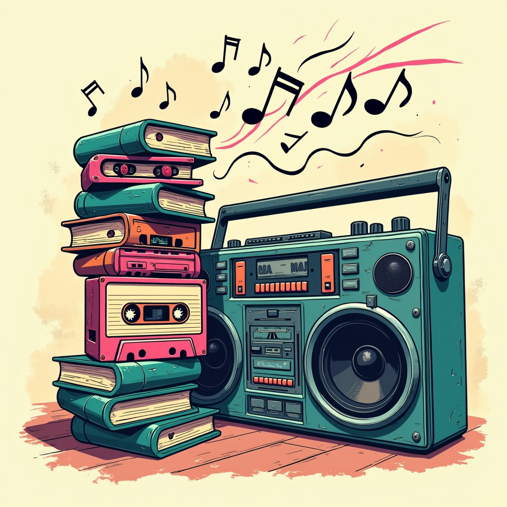 A design featuring a stack of cassette tapes alongside a boombox, perhaps with musical notes or stylized sound waves emanating. Could use a retro color palette (teals, pinks, oranges) and distressed textures.