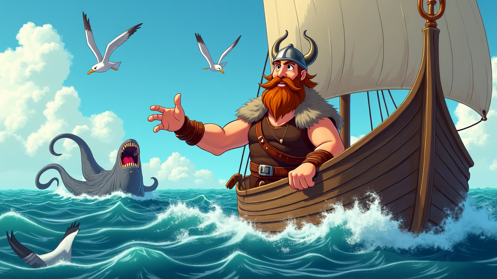 A day in the life of a Viking explorer, following his journey on the sea, filled with adventures and encounters with mythical creatures.