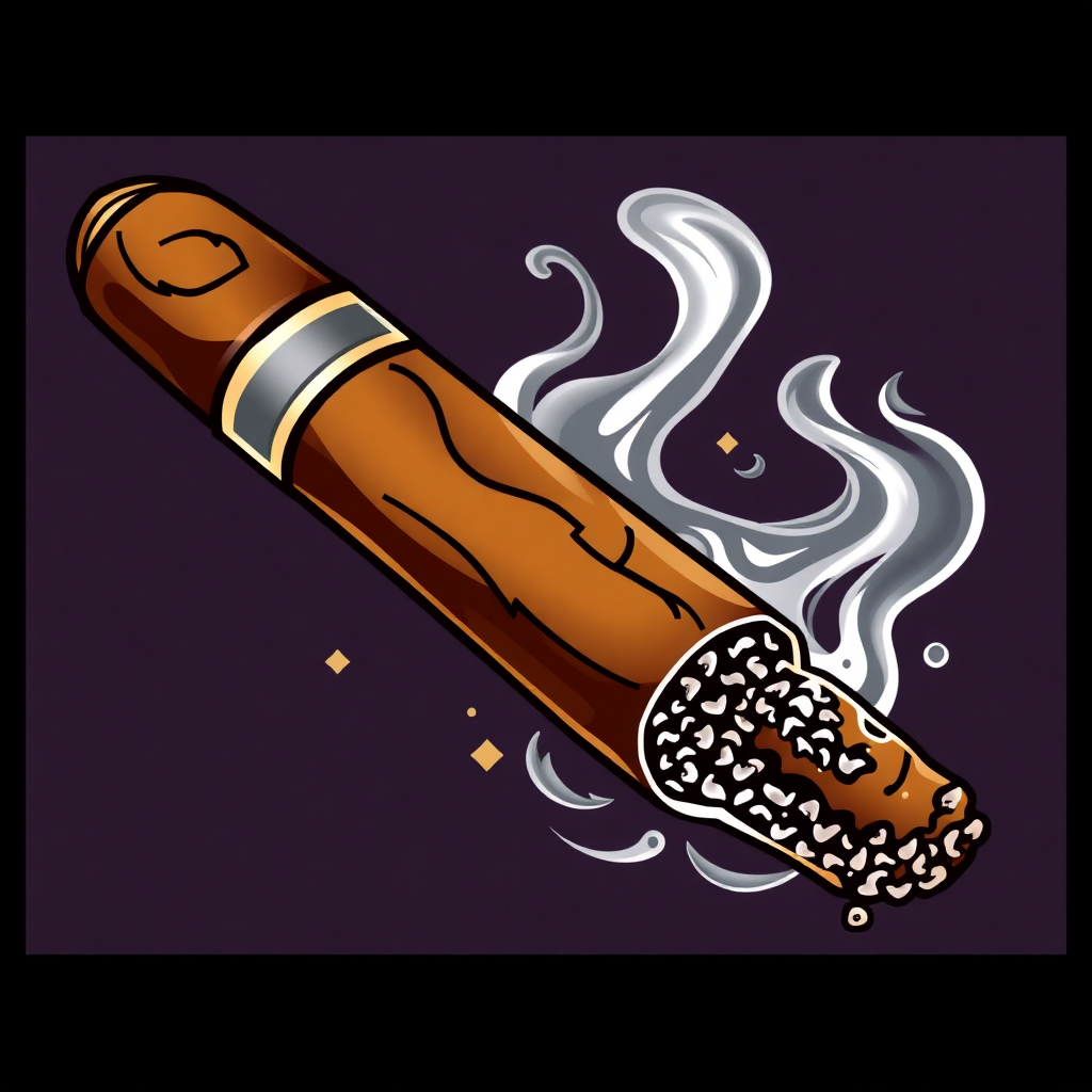 The image is an illustration of a cigar. The cigar is in the center of the image, with a dark purple background. It is a long, cylindrical cigar with a gold-colored band around the top. The band has a small amount of white smoke coming out of it, creating a wispy effect. The smoke appears to be coming from the top of the cigar, as there are small white dots scattered around it. The overall style of the illustration is cartoon-like.