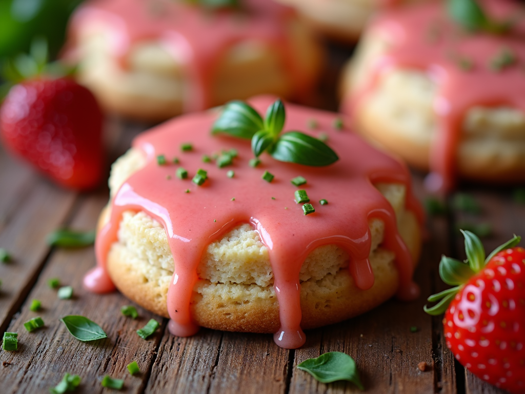 A shortbread cookie infused with strawberry powder, topped with a strawberry glaze and a sprinkle of finely chopped fresh basil.