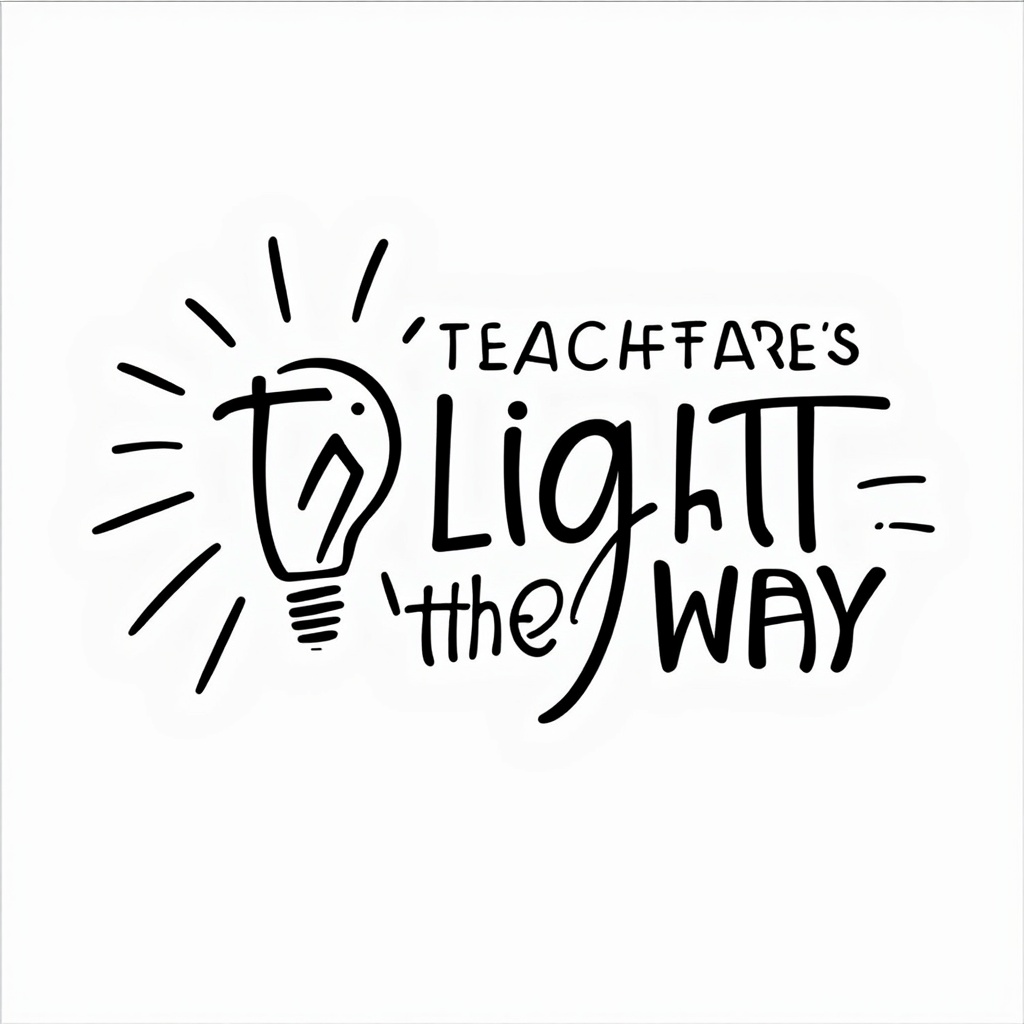 Thematic Title Logo Page: A design focused on the phrase 'Teachers Light the Way' in an attractive, large, colorable font. The word 'Light' could be creatively rendered to incorporate a simple light bulb shape (e.g., the 'i' as a bulb) or have stylized rays emanating from it, acting as a logo-like emblem for the coloring book's theme.