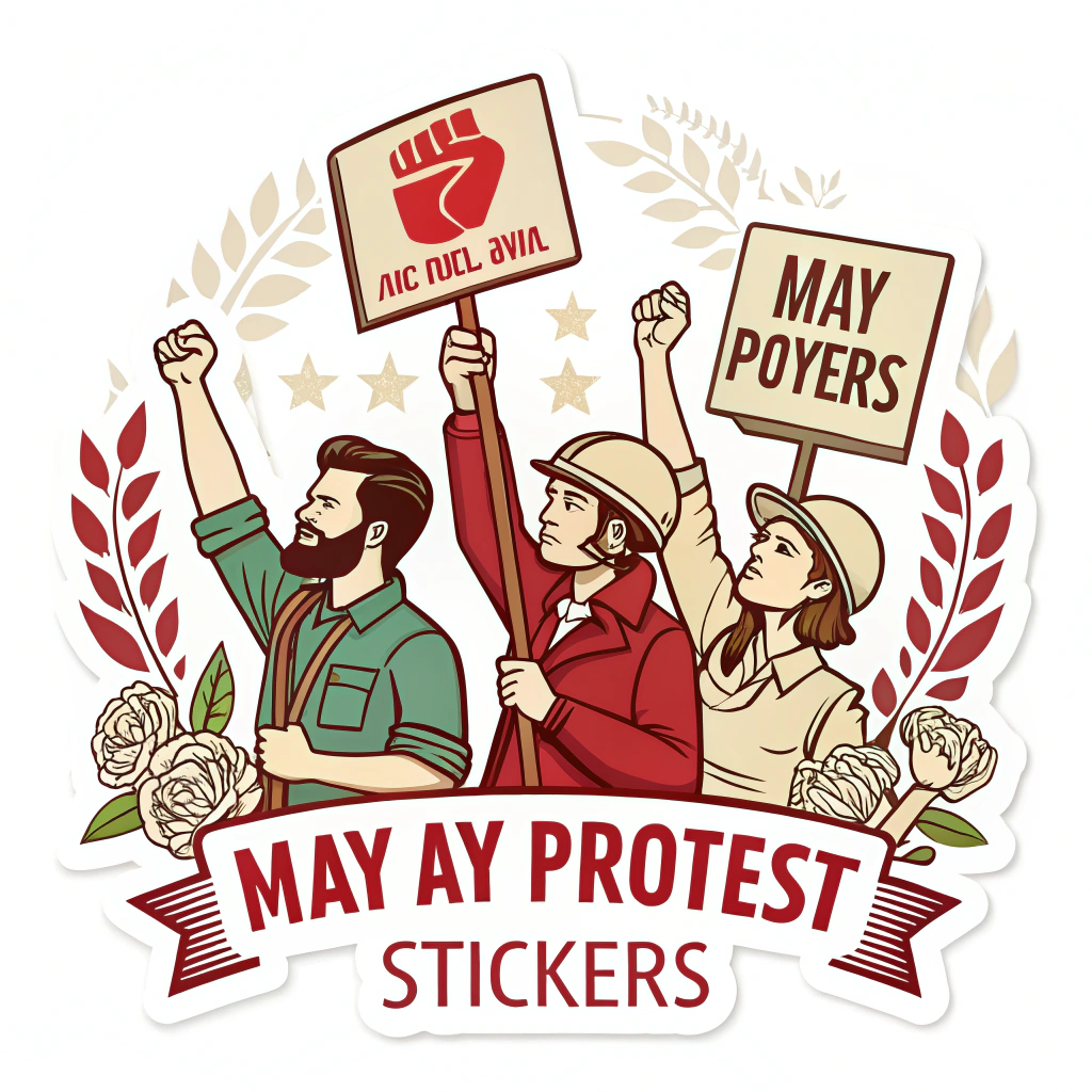 Translate to English: May Day Protest Stickers - Historical May Day Event Imagery