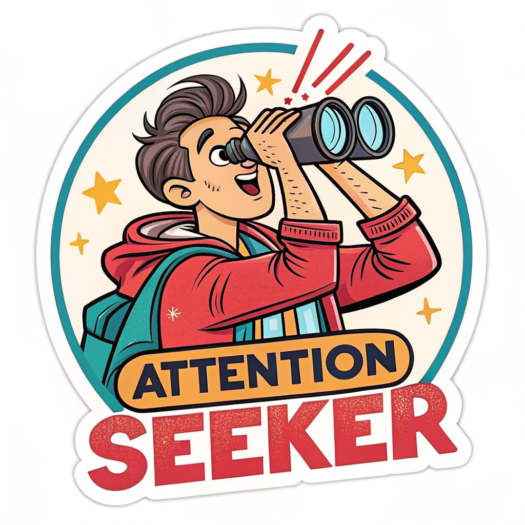 The image shows a sticker of a man looking through binoculars with the words 