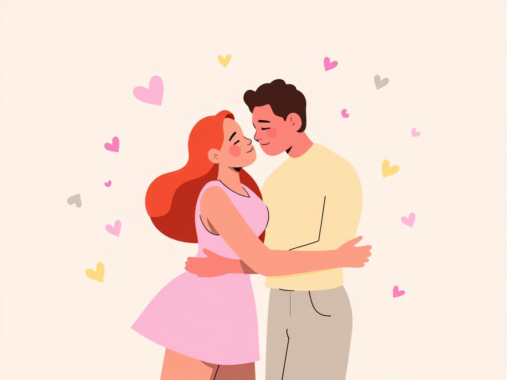 A couple embracing, rendered in soft, pastel colors with a gentle, romantic glow.