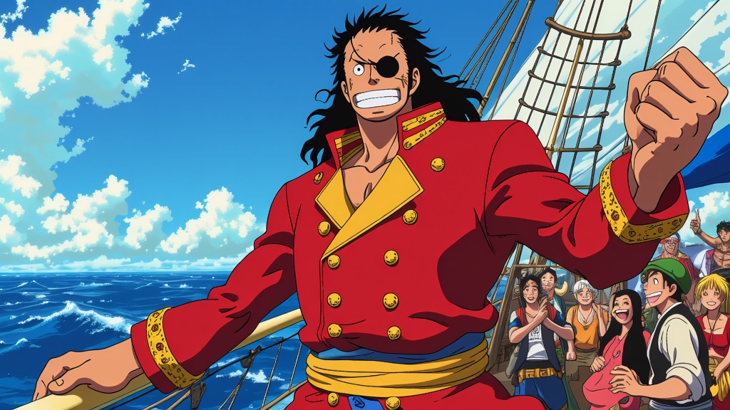 Portrait of Gol D. Roger, the Pirate King, with his legendary crew, showcasing the golden era that inspired Luffy's quest for One Piece.