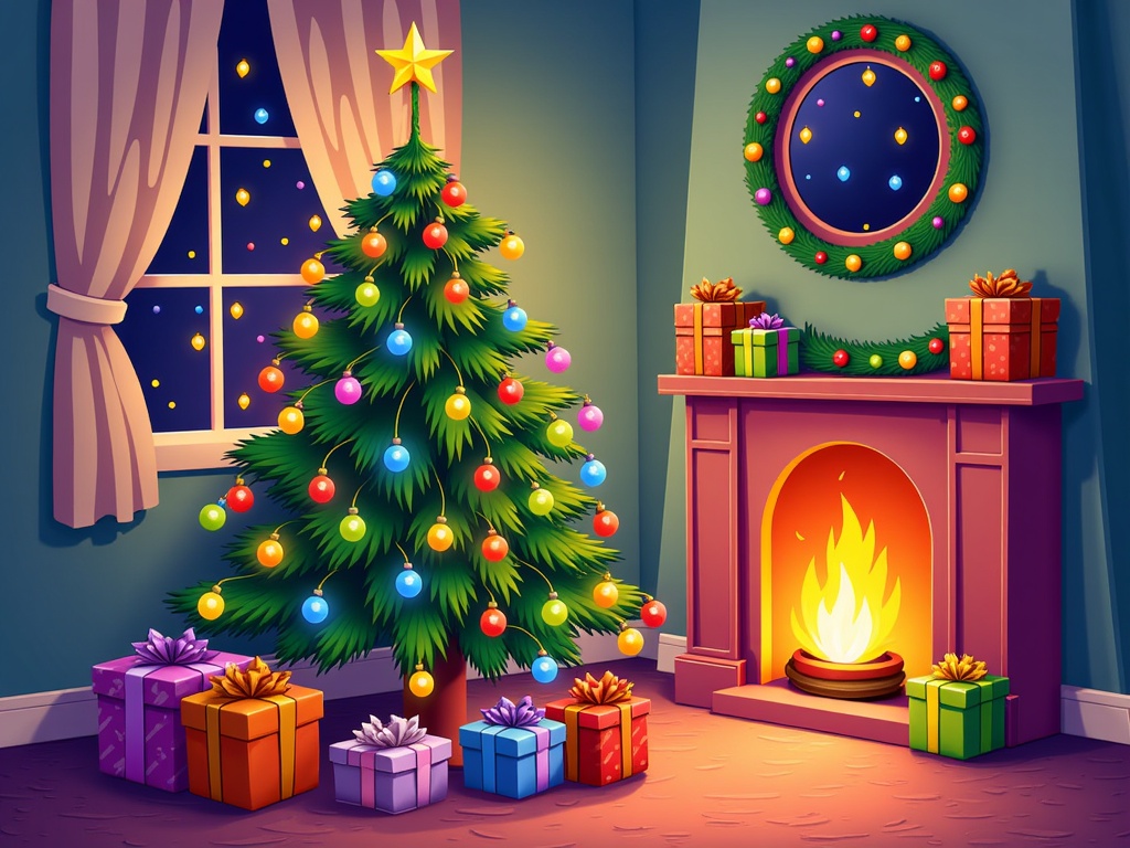 The image shows a living room with a Christmas tree decorated with colorful balls, stars, and other festive items, surrounded by gift boxes on the floor. On the right side of the image, there is a fireplace with gift boxes and a mirror on the wall, and a window with curtains in the background.