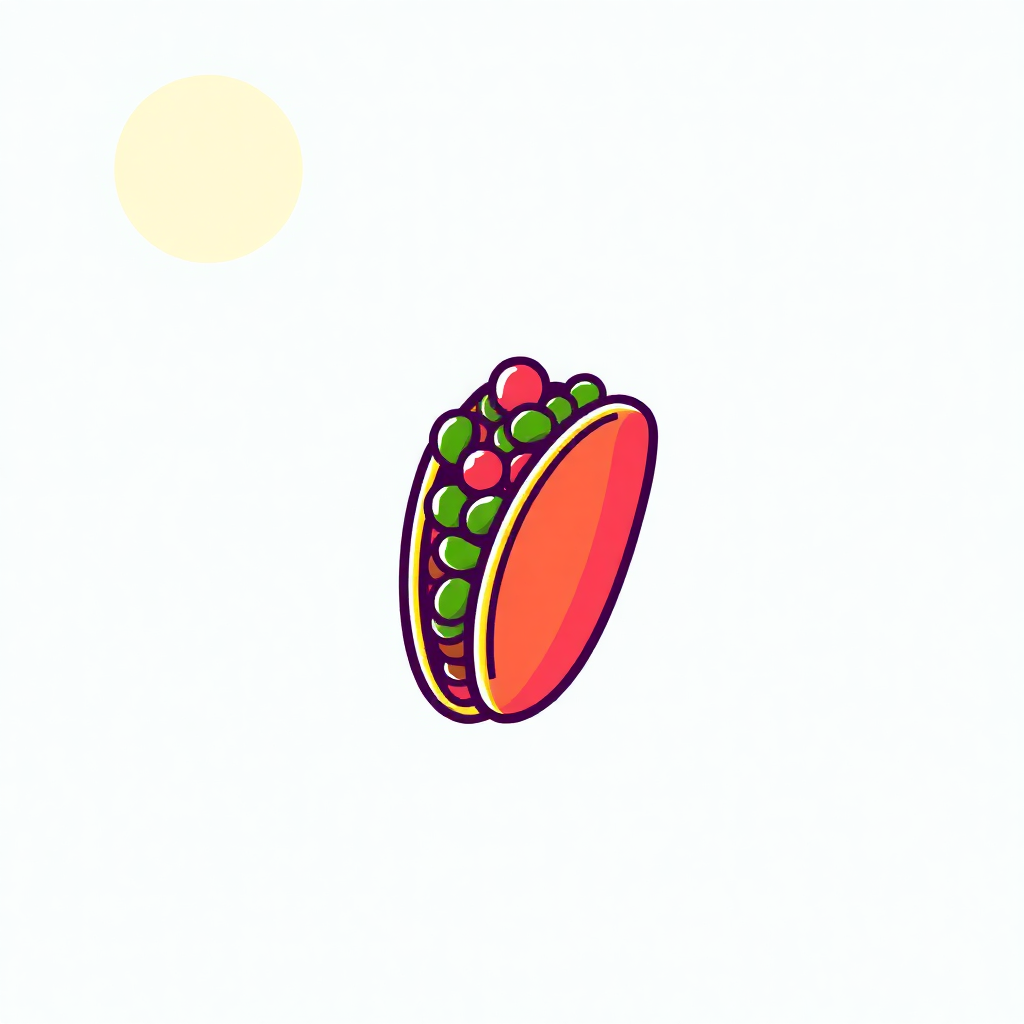 The image is an illustration of a taco. The taco is oval-shaped and has a red base with green and yellow stripes running horizontally across it. On top of the taco, there are small red and green beans scattered throughout. The beans are arranged in a circular pattern, with some overlapping each other. The background is white, and there is a yellow circle on the top left corner of the image.