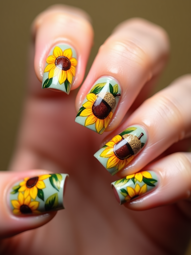 A unique nail set with a mix of hand-painted bright sunflowers and deep brown acorns, reflecting the ending of summer and start of fall.