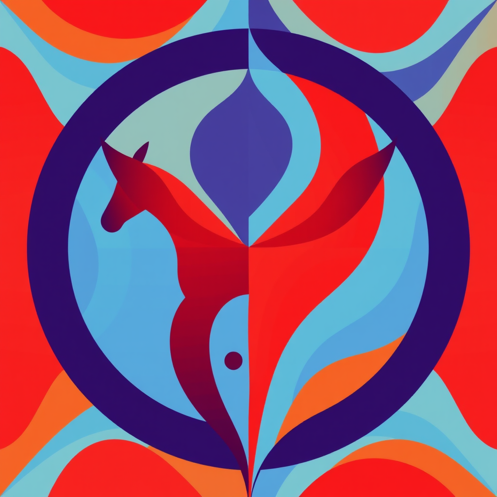Focus on the vibrant patterns of jockey silks, abstracted into a modern, almost mosaic-like emblem or a dynamic, flowing banner. Each segment could represent speed or collective energy, using bold, contrasting flat colors and clean lines.