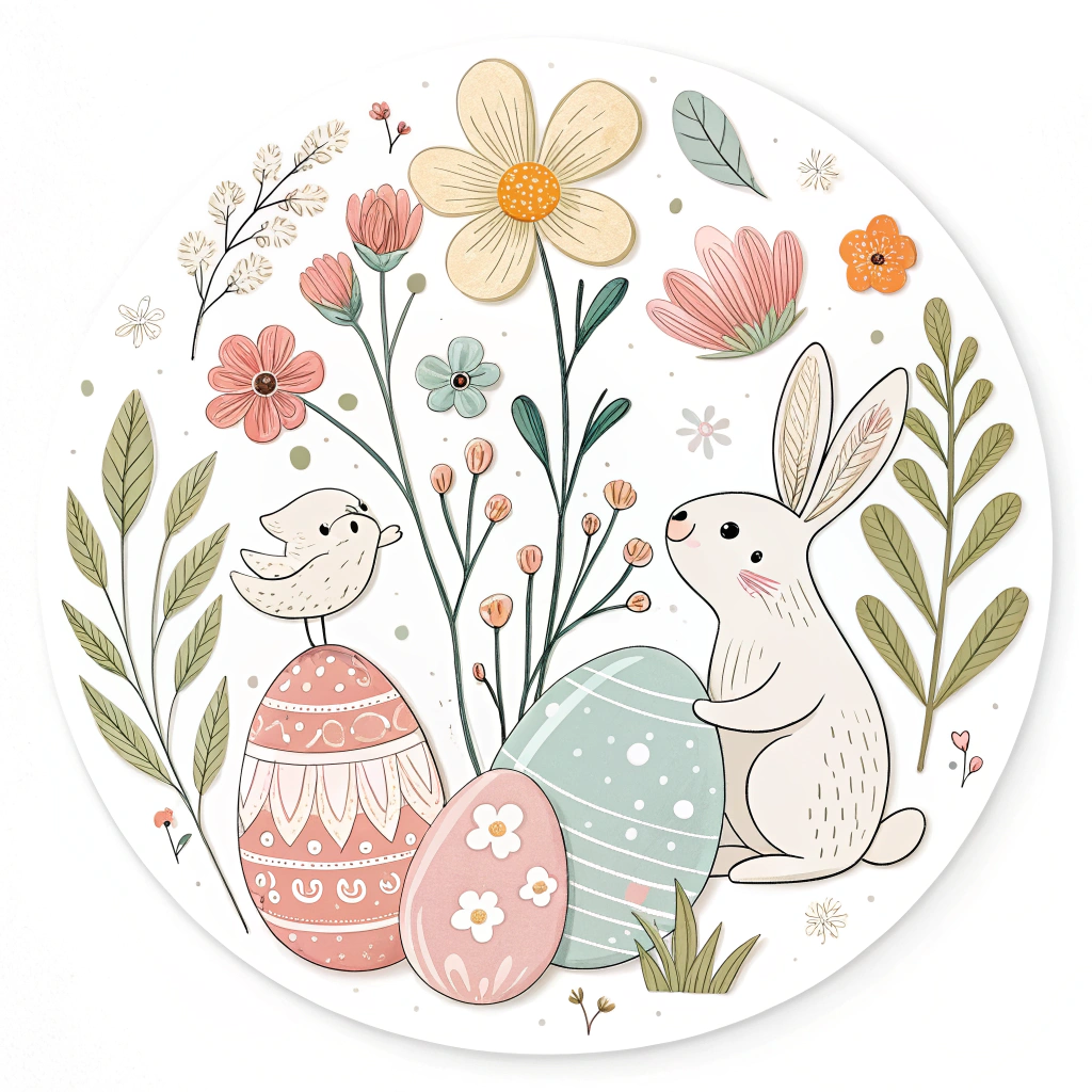 A sticker combining Easter Monday elements like eggs, bunnies, and spring flowers with a modern, minimalist design.