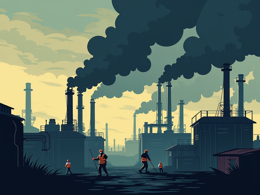 The image is an illustration of a factory with multiple chimneys emitting black smoke into the sky. The factory is located in a rural area with a few buildings and structures visible in the background. The sky is a pale blue with a hint of orange and yellow, indicating that it is either sunrise or sunset. In the foreground, there are three workers wearing orange hard hats and safety vests, walking towards the factory. The workers appear to be working together to clean up the smokestacks. The overall mood of the image is bleak and industrial.