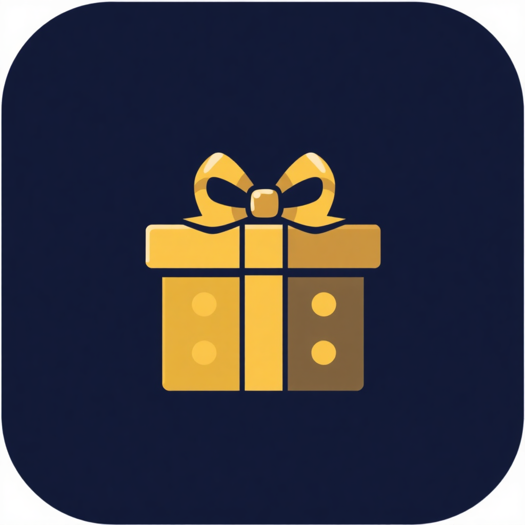 The image is a square icon with a dark blue background. In the center of the icon, there is a golden gift box with a large bow on top. The gift box is rectangular in shape and has two small holes on the sides. The bow is tied in a neat knot and is tied with a thin gold ribbon. The overall design is simple and minimalistic.