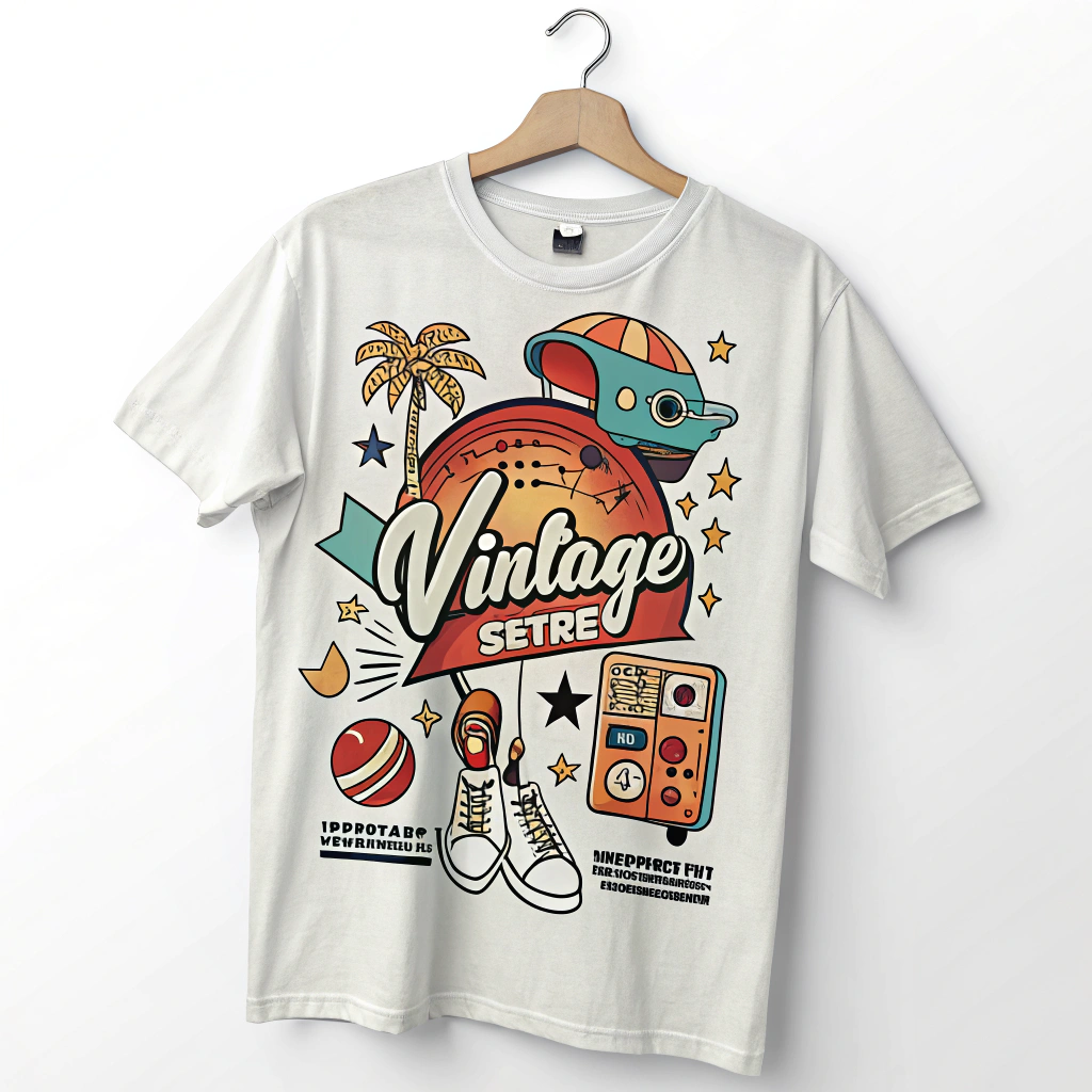 The image is of a white t-shirt hanging on a wooden hanger. The background of the image is a light grey color. On the front of the shirt, there is an illustration of a vintage-style design with the words Vintage Setre written in a cursive font in the center. Surrounding the text, there are various elements such as a palm tree, a basketball, a pair of sneakers, a radio, and a record player. The elements are arranged in a playful and whimsical manner, with bright colors and bold lines. The overall design is reminiscent of a retro or vintage style.