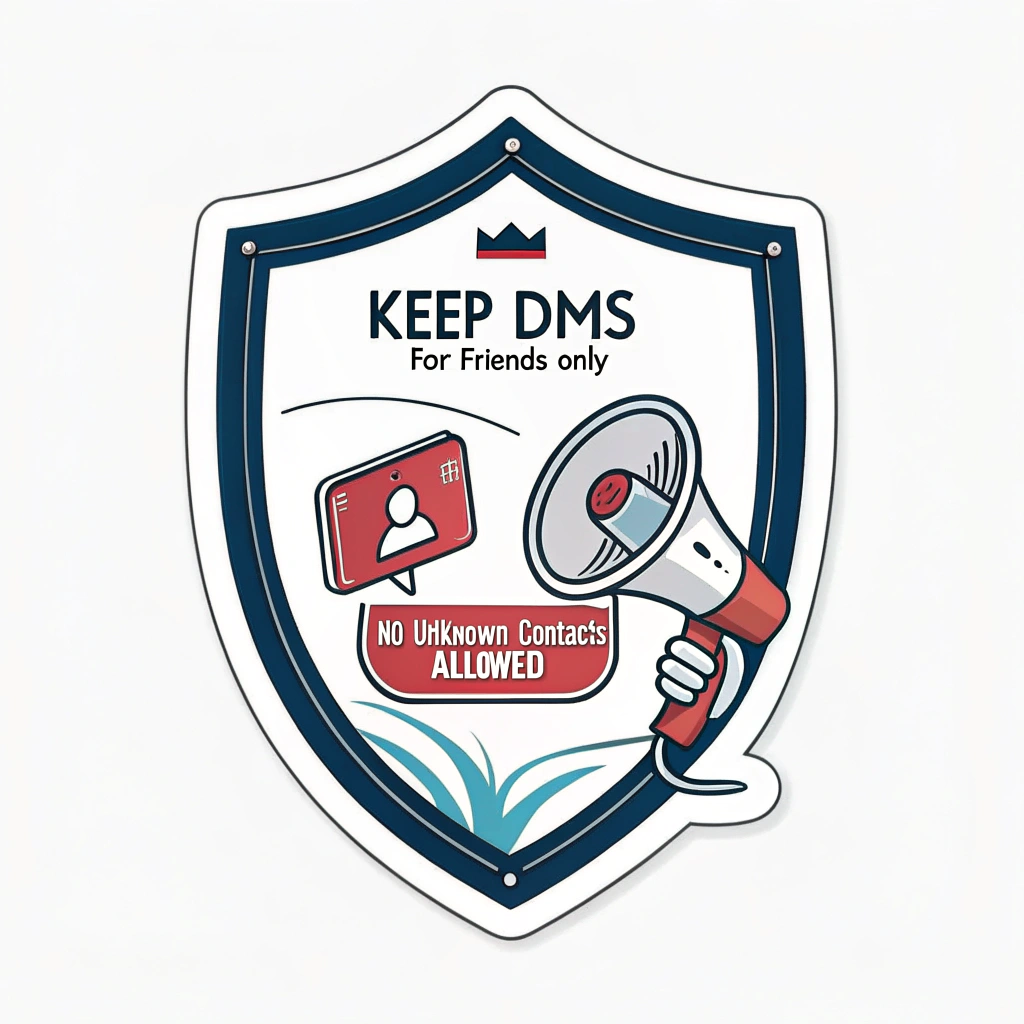 Sub Design 3: Sticker showing a shield guarding a Direct Message (DM) icon, with text such as 'Keep DMs for Friends Only' or 'No Unknown Contacts Allowed.'