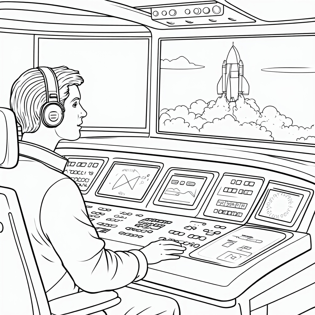 A close-up illustration of a flight controller's console. Detail the buttons, switches, and small screens showing data (simple shapes/graphs for coloring). The controller, wearing a headset, is intently looking at their main screen which reflects the countdown or the rocket.