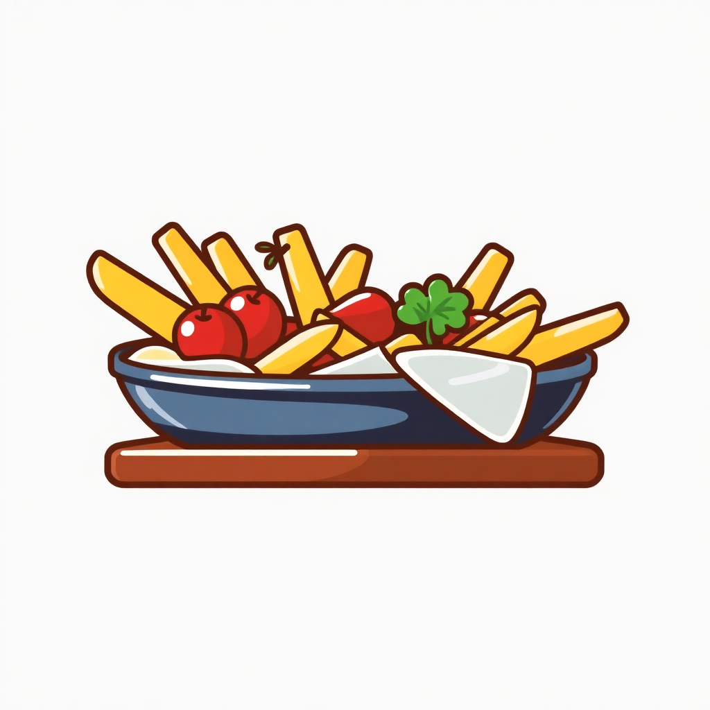 The image shows a blue bowl filled with french fries and cherries on top of a wooden table. The bowl is filled to the brim with golden-brown french fries, and the cherries are bright red and juicy. The wooden table provides a rustic backdrop to the vibrant colors of the food.