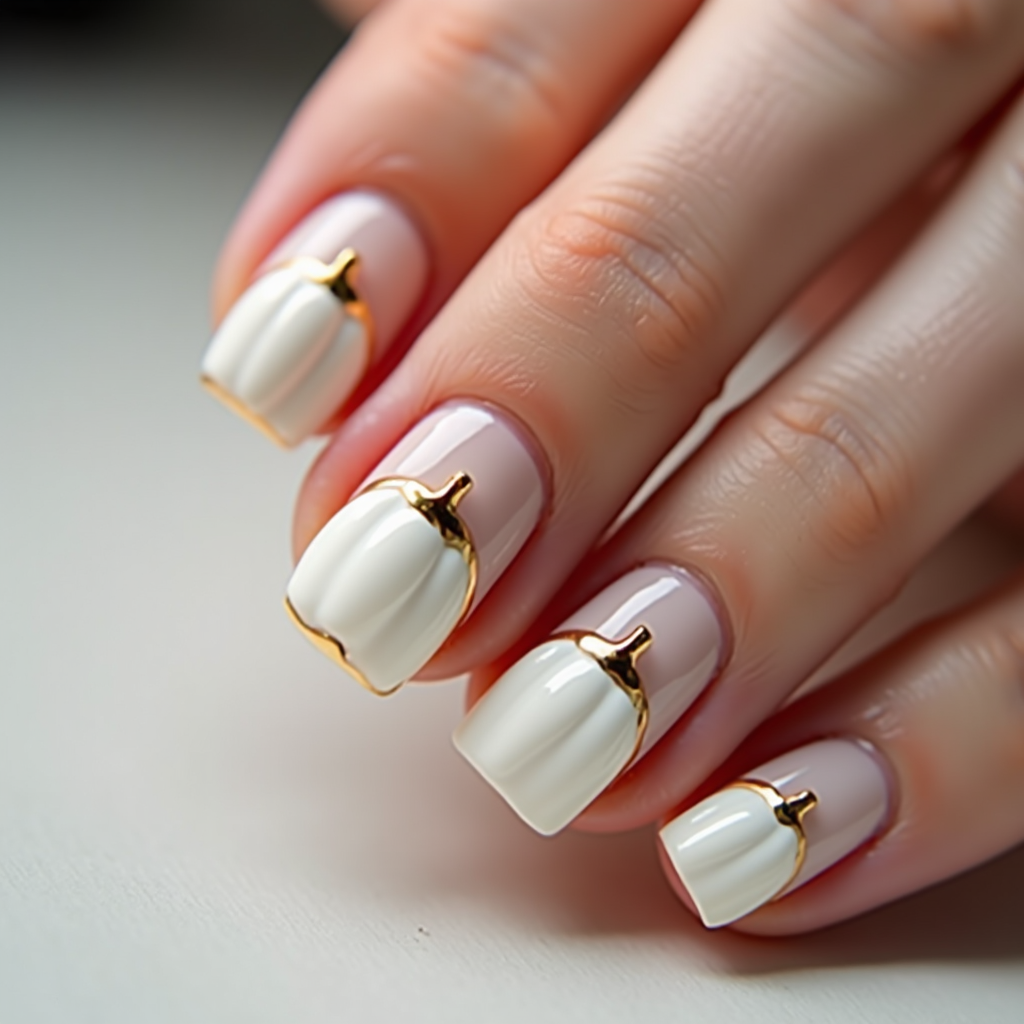 Minimalist Thanksgiving nails with a singular white pumpkin on each nail, accented by a delicate gold border.