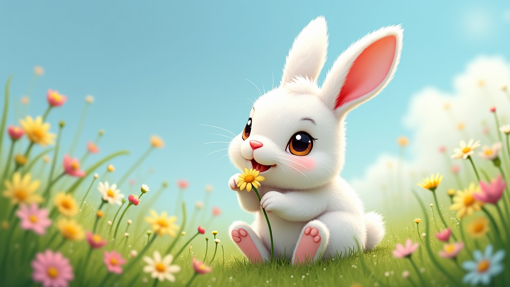 The image is a digital illustration of a cute white bunny sitting in a field of colorful flowers. The bunny has big, round eyes and pink ears, and is holding a small yellow flower in its paws. It is sitting on a patch of green grass with pink and yellow daisies scattered around it. The background is a bright blue sky with white clouds. The overall mood of the image is cheerful and playful.