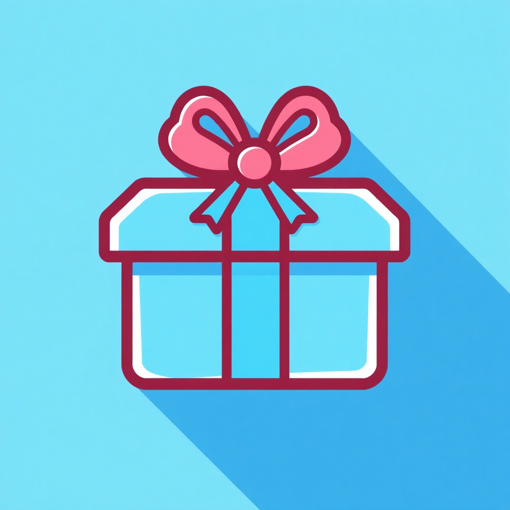 The image is a square icon with a light blue background. In the center of the icon, there is a red gift box with a pink ribbon tied in a bow on top. The box is rectangular in shape and has a white outline. The ribbon is tied in the shape of a heart with a small pink flower in the center. The overall design is simple and minimalistic.