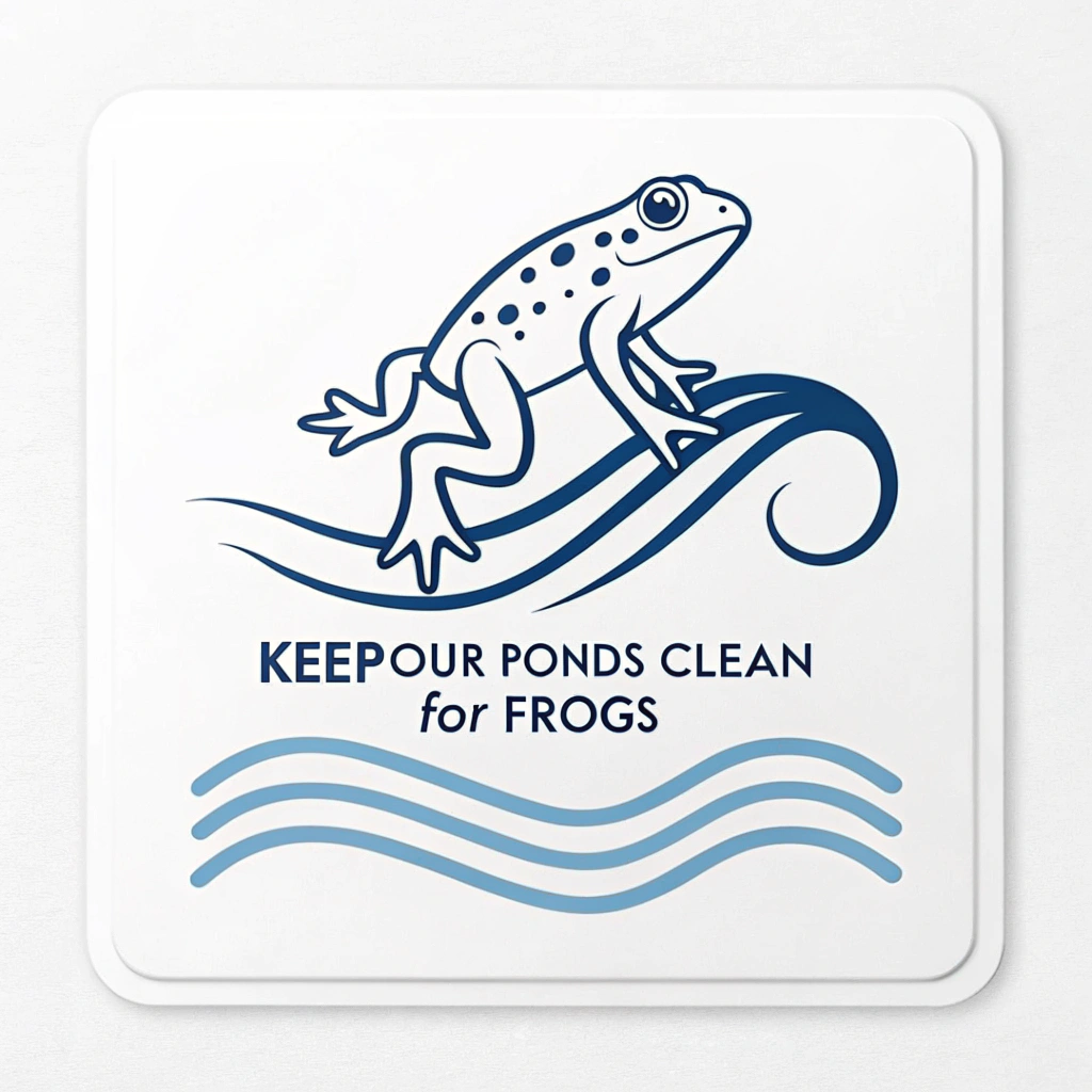 A minimalist design featuring a simple, bold outline of a frog leaping over stylized blue water waves. The text 'Keep Our Ponds Clean for Frogs' is written in a clean, sans-serif font below the graphic.