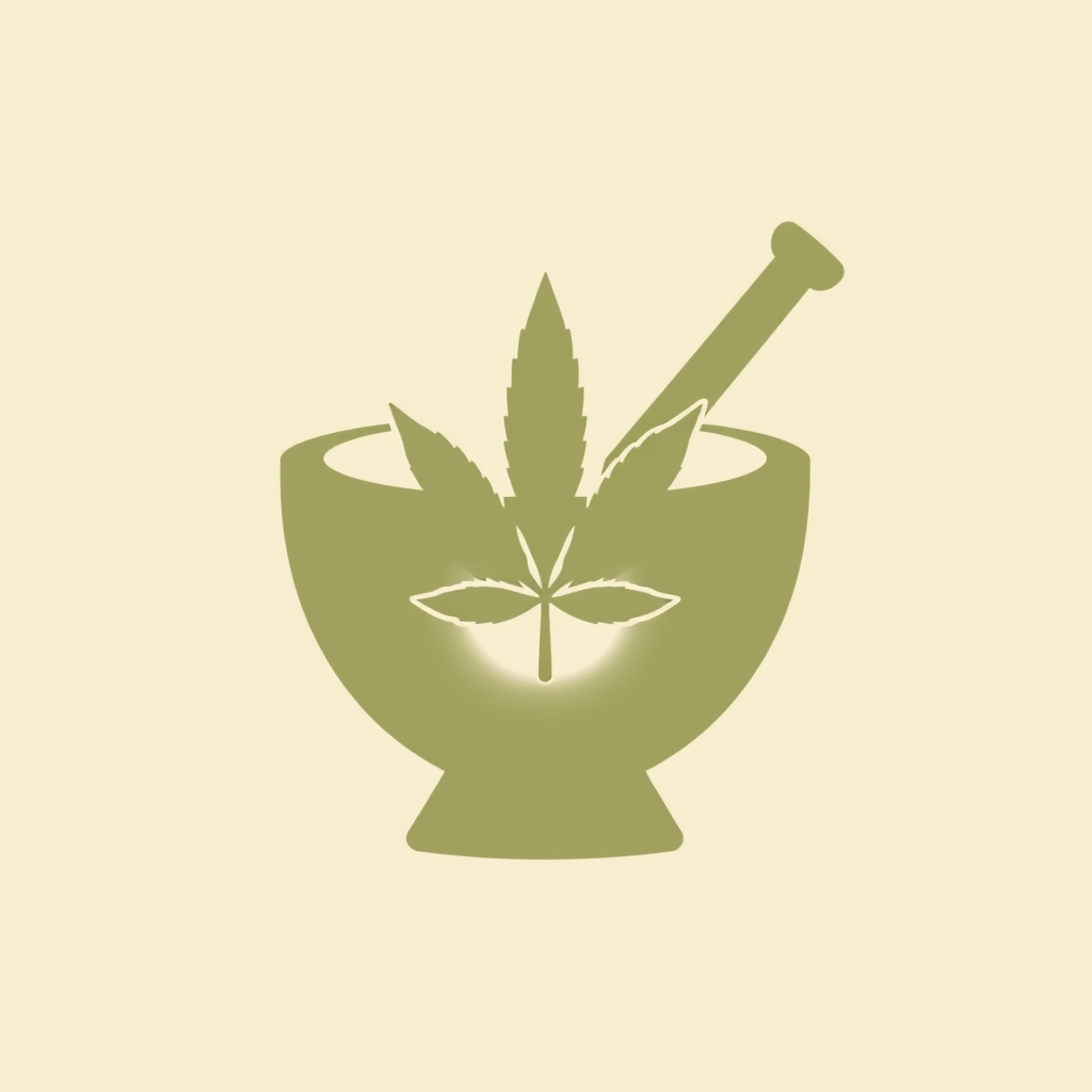 Sub Design Idea 3: Negative Space Leaf - A bold, geometric outline of a mortar, where the negative space within cleverly forms the silhouette of a cannabis leaf. The pestle is subtly implied or designed as a complementary minimalist element.