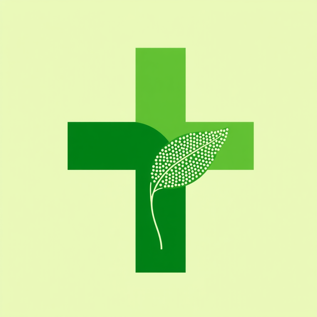 A geometric green cross where its arms are constructed from clean, overlapping rectangular shapes. The subtle leaf texture is ingeniously created through a pattern of tiny, tone-on-tone dots that form a stylized leaf outline within the solid green of the cross.
