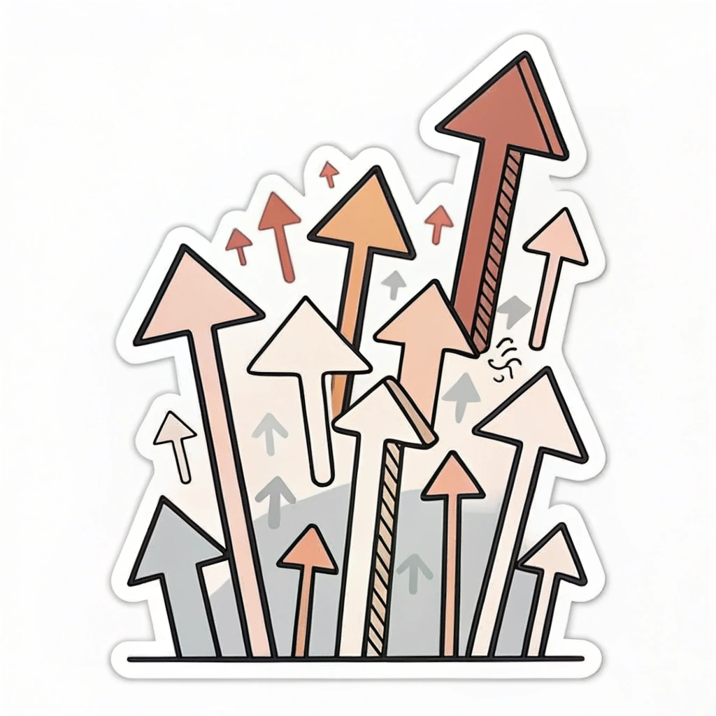 Simple Icon Idea: A tight cluster of upward-pointing, simplified arrow-like shapes of slightly different sizes and shades, collectively conveying directed movement, shared purpose, and upliftment related to May Day protests.