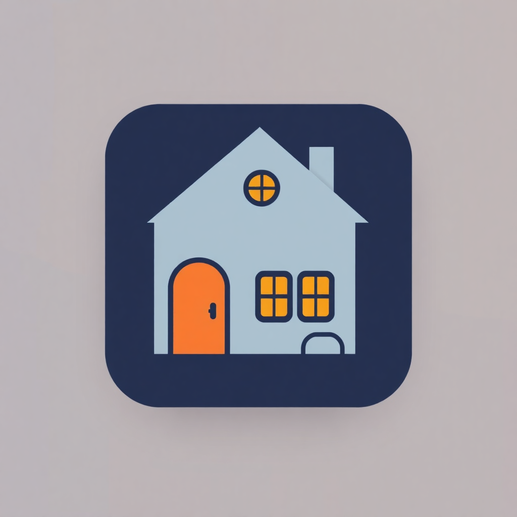 The image is a square icon with a blue background. In the center of the icon, there is a small house with a white roof and an orange door. The house has three windows on the front and a chimney on the right side. The door is orange and has a small window on the left side. Above the house, there are two orange circles, one on top of the other. The overall design is simple and minimalistic.