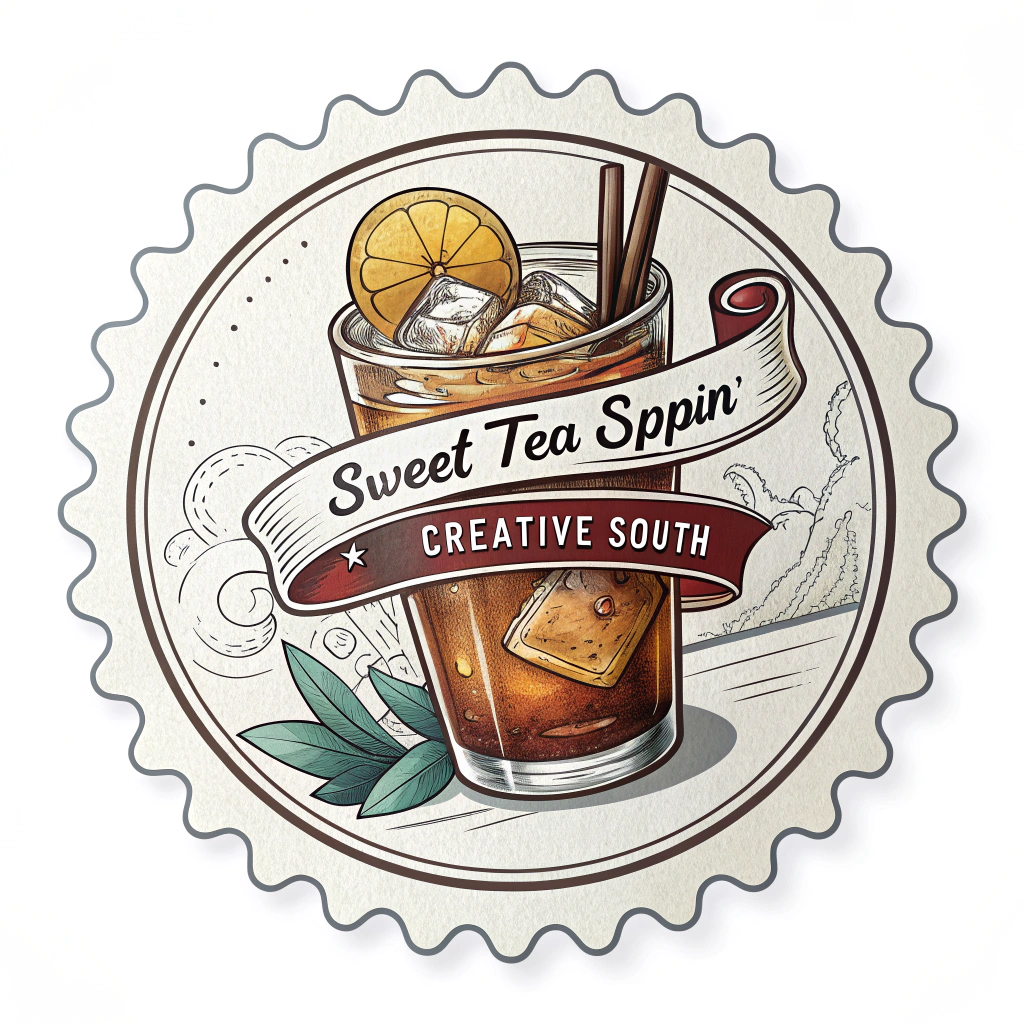 A 'Sweet Tea Sippin' badge with a vintage design, featuring a tea glass and the Creative South logo as a stamp.