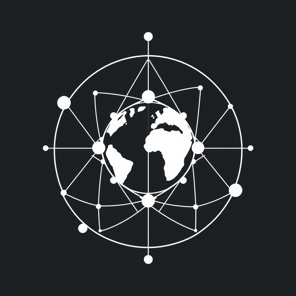 Harmonious Orbit/Network: Abstract lines and nodes forming a geometric network or orbital paths within a circular boundary (representing Earth). Nodes could signify key resources or systems, and the connecting lines represent their balanced exchange and flow. The overall pattern should evoke a sense of calm, interconnectedness, and rhythmic balance.