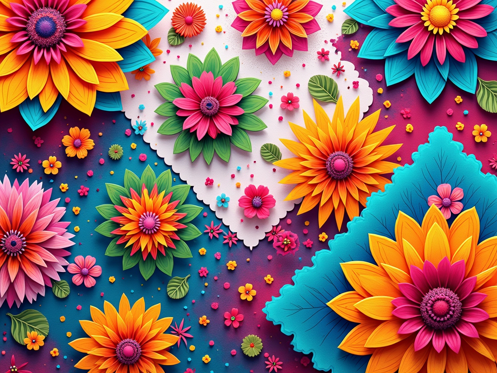 Layered Papel Picado & Floral Fiesta All-Over Print: Develop an all-over print pattern for the T-shirt that layers semi-transparent Papel Picado shapes (squares, diamonds, scalloped edges) with various colorful fiesta floral elements, creating a rich, textured, and continuous celebratory design.