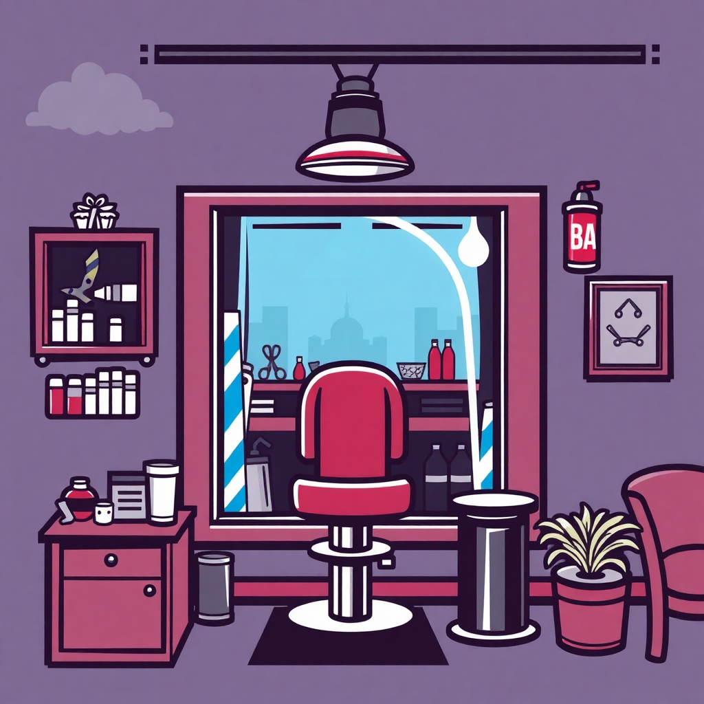 The image is an illustration of a barber shop interior. The background is a light purple color with a large window in the center. Through the window, we can see a view of a city skyline. On the left side of the image, there is a pink barber chair with a red cushion and a white base. Next to the chair, there are shelves with various hair products such as shampoo, conditioner, and conditioner bottles.   On the right side of this image, on the wall, there has a red fire extinguisher and a framed picture of a pair of scissors. There is also a small table with a lamp and a potted plant on it. The floor is covered with a black rug. The overall style of the illustration is modern and minimalistic.