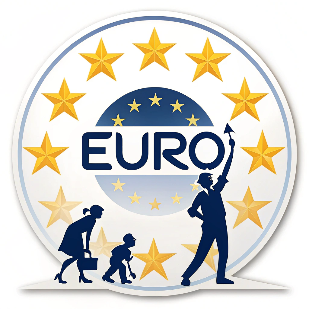 A sticker showing the Euro symbol with stars from the European flag arranged around it, suggesting a bright future.