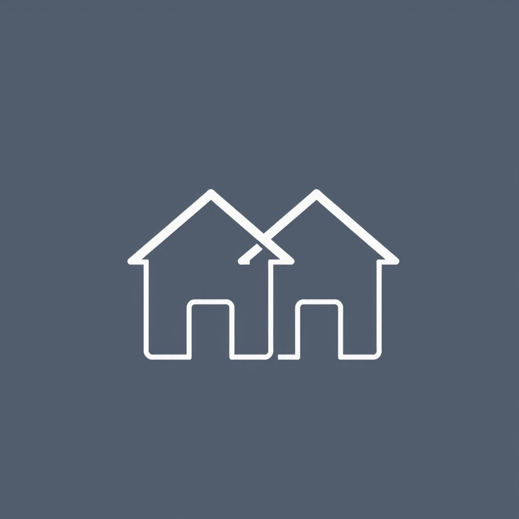 Two minimalist house icons (simple geometric shapes like a square topped with a triangle) slightly overlapping or connected, signifying community and shared support through affordability.