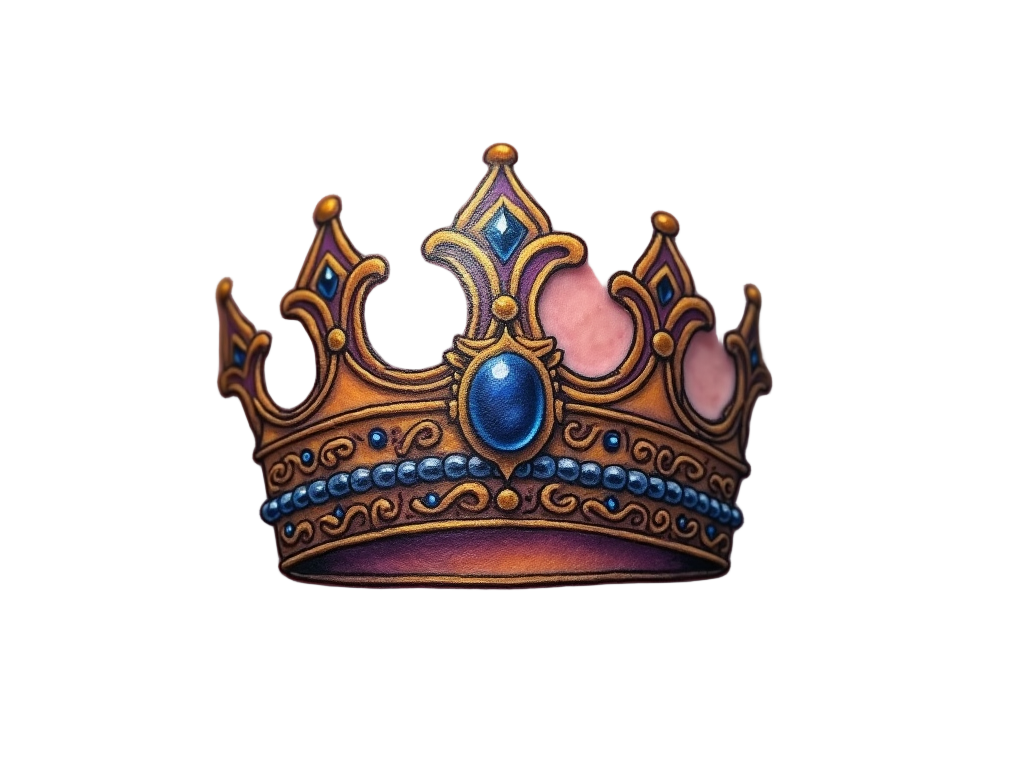 A vibrant gold and purple crown tattoo on the shoulder, with intricate swirling designs along the base and a regal sapphire depicted in the center.