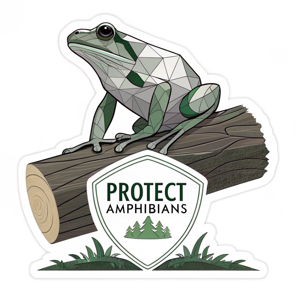 Geometric, low-poly style frog silhouette 앉아있는 (sitting) on a log, with 'Protect Amphibians' below in a clean font.