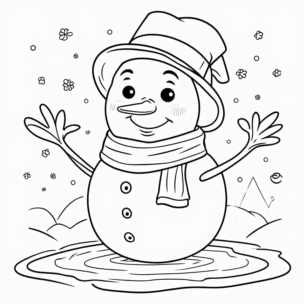 The image shows a snowman with a hat and scarf, surrounded by a wintery landscape of snowflakes falling from the sky. The snowman is standing in a puddle of water, with a few plants and flowers in the background. The image is a free printable coloring page, perfect for the winter season.