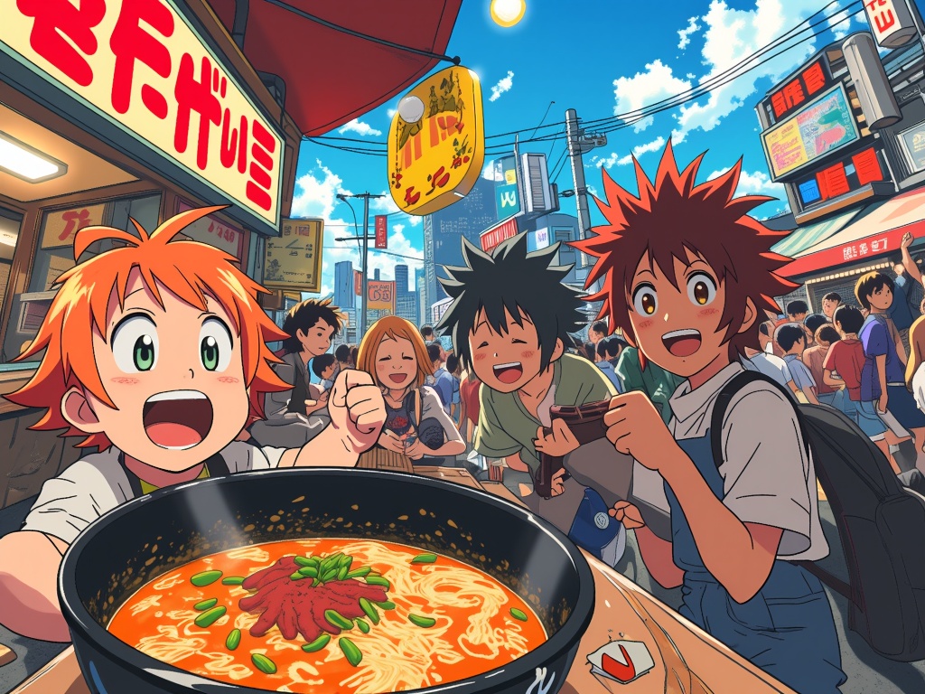 A series of vignette-style illustrations showing various anime characters making surprise 'cameo' appearances in typical MomoCon settings like food stalls, gaming demos, or amidst crowds.