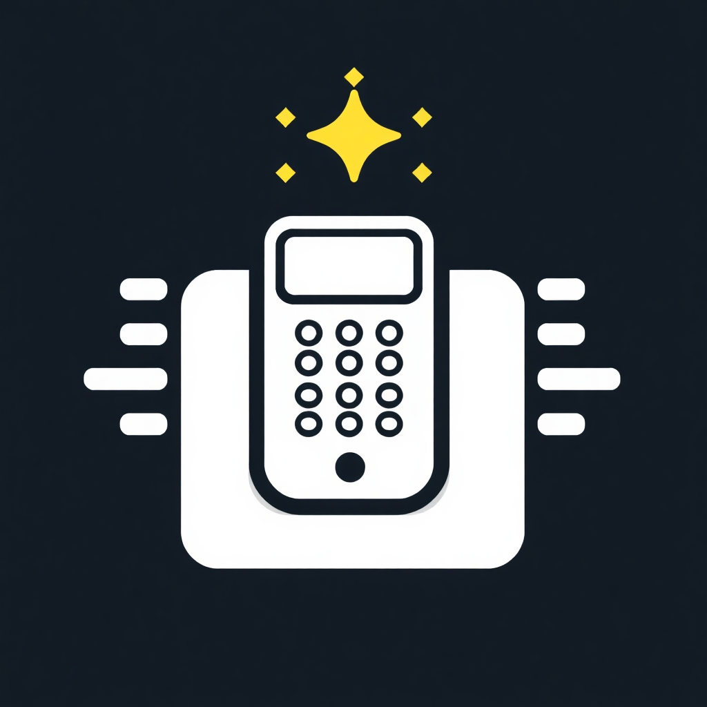 The image is a white icon of a telephone with a yellow star above it. The phone is in the center of the image and is facing towards the right side. It has a rectangular shape with rounded edges and a small screen on the front. The screen has multiple buttons and a keypad. Above the phone, there are three small yellow stars that appear to be floating above the phone. The background is black. The overall design is simple and minimalistic.