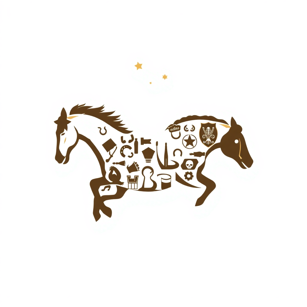 A bucking bronco silhouette composed of western-themed icons like horseshoes, stars, and ropes.