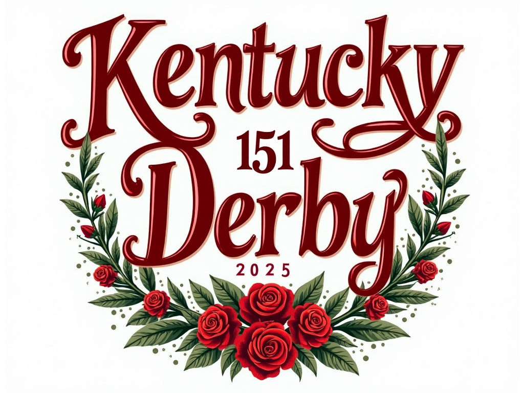 Artistic Typography Trophy T-Shirt: A design focused on expressive typography where 'Kentucky Derby', '151', and '2025' are artistically arranged to resemble a trophy or a champion's wreath of roses. Subtle illustrative elements of racing could be woven in.