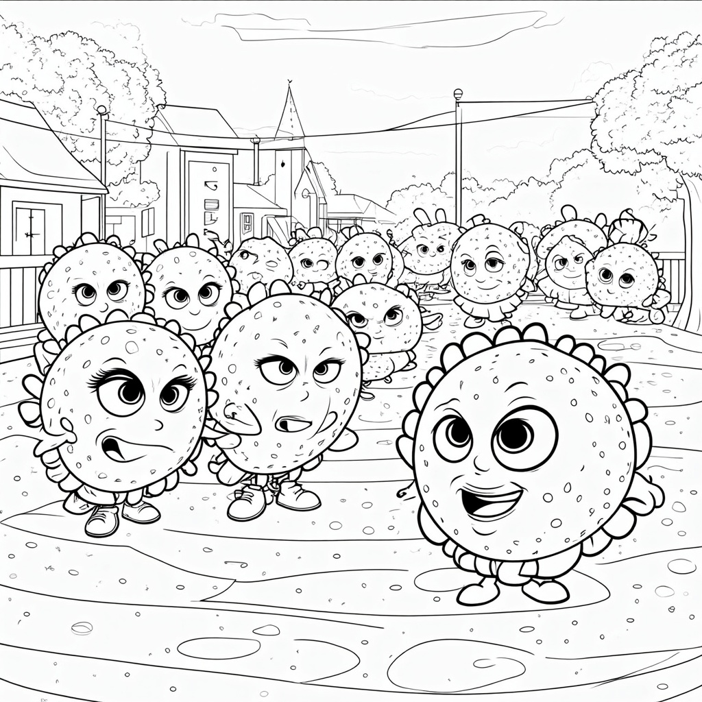 Measles Germs' Failed Playground Invasion: A group of mischievous-looking measles germs are attempting to sneak into a vibrant, happy playground. However, they are comically repelled by an invisible barrier representing immunity, which could be hinted at with sparkle effects or a slight shimmer where they make contact. Healthy children play undisturbed in the background, reinforcing the concept of protection.